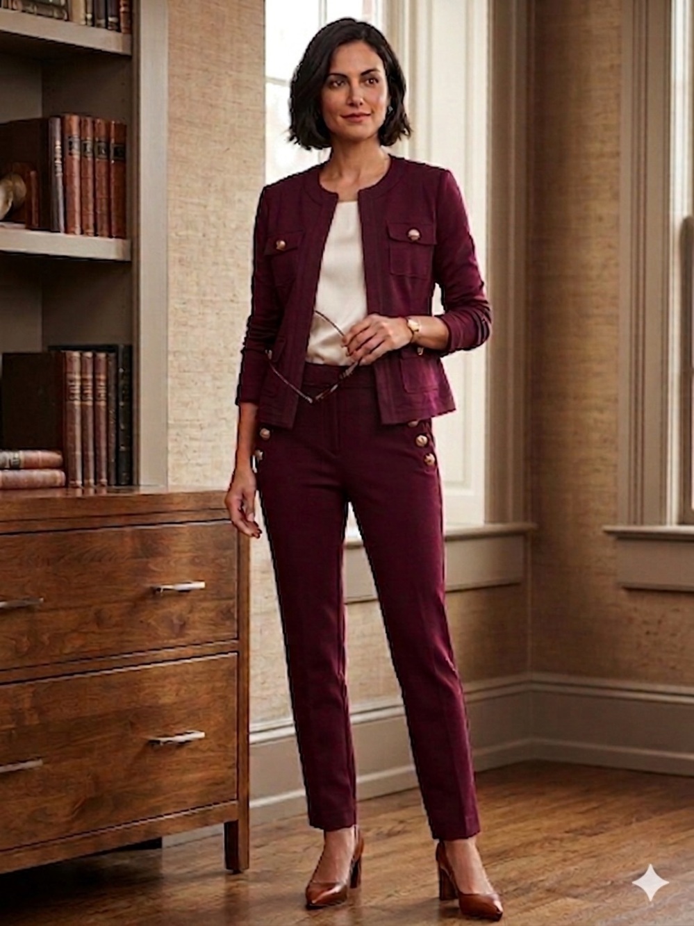 White House Black Market Women's Burgundy Ponte Trousers & Jacket Set